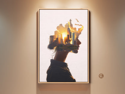 Woman profile cityscape art print on display. Abstract surreal wall art featuring a conceptual urban landscape at sunset. The artwork's orange yellow gold palette creates a contemporary look. Perfect modern bedroom wall decor or office art. It is a unique housewarming gift.