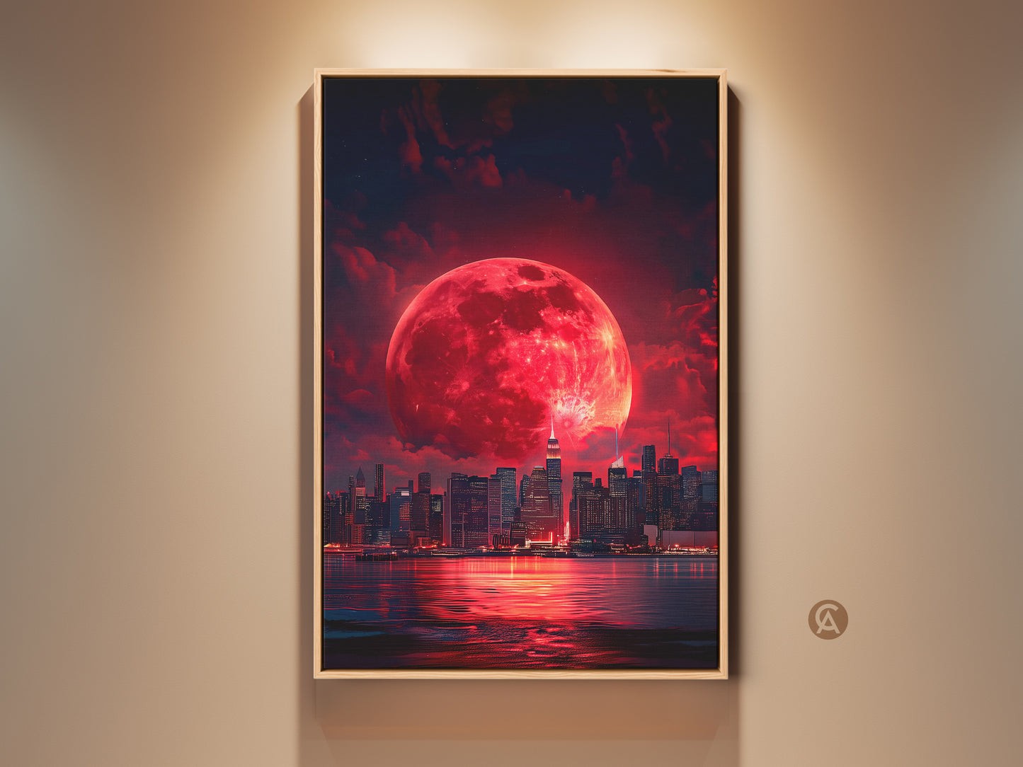 Surreal cityscape art print features a crimson red moon over a modern city. This fantasy skyline canvas creates dramatic urban wall decor. A contemporary artwork suitable as a unique housewarming gift. The city lights reflect in the water below.