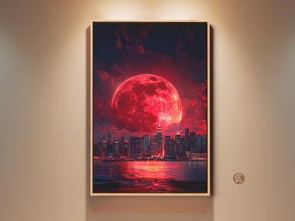 Surreal cityscape art print features a crimson red moon over a modern city. This fantasy skyline canvas creates dramatic urban wall decor. A contemporary artwork suitable as a unique housewarming gift. The city lights reflect in the water below.
