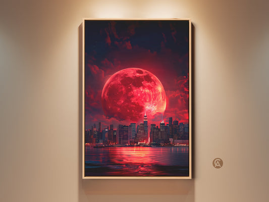 Surreal cityscape art print features a crimson red moon over a modern city. This fantasy skyline canvas creates dramatic urban wall decor. A contemporary artwork suitable as a unique housewarming gift. The city lights reflect in the water below.