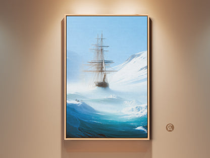 Experience nautical adventure with this tall ship canvas print. See the ship sailing through icy seas a striking piece of deep blue ocean artwork. Perfect maritime history gift for a home office adding a touch of nautical charm and maritime history. This canvas art captures the essence of ocean voyages.