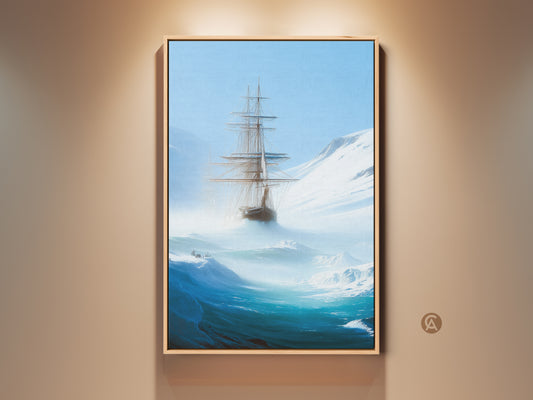 Experience nautical adventure with this tall ship canvas print. See the ship sailing through icy seas a striking piece of deep blue ocean artwork. Perfect maritime history gift for a home office adding a touch of nautical charm and maritime history. This canvas art captures the essence of ocean voyages.