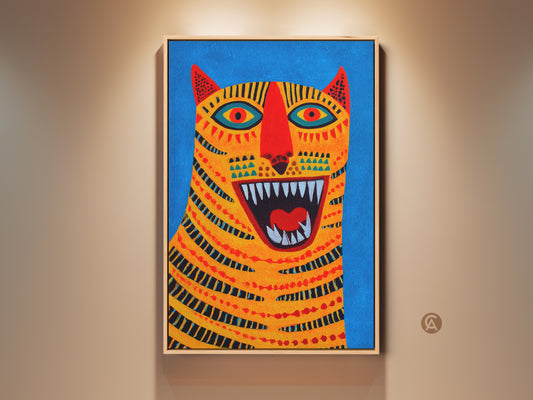 Framed Abstract Tiger Face Canvas Art. Features vivid blues oranges and yellows. It’s a perfect piece of eclectic wall art. This artwork brings a bold yet whimsical energy. Ideal for animal lovers bedroom or living space. It's a unique gift for birthdays or housewarmings.