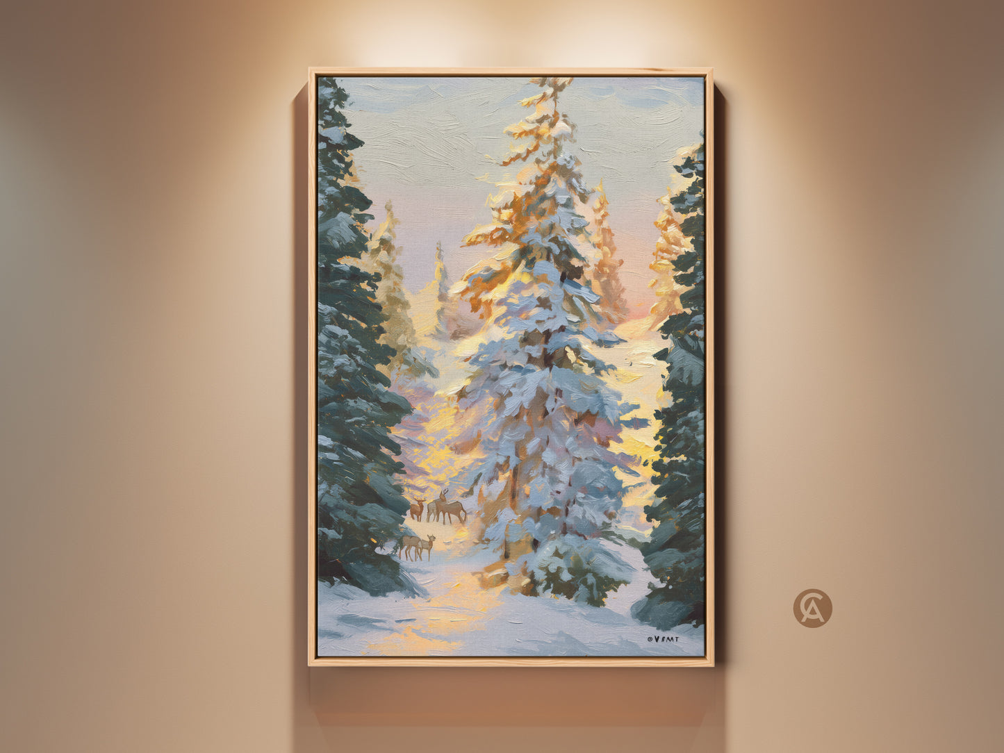 Impressionist winter deer art print displayed in a naturally lit room. The snowy forest landscape canvas wall art brings rustic nature indoors. Warm orange light accents this cozy bedroom art.