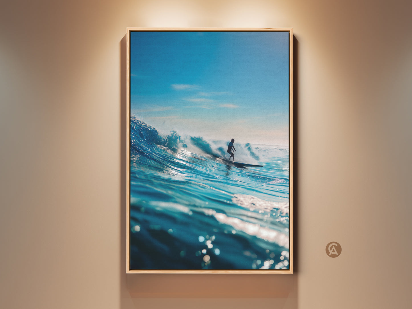 A framed canvas print showcases a surfer riding a majestic blue wave. The artwork captures the power and beauty of the ocean. Perfect wall art for surf enthusiasts. The oak floating frame enhances this ocean scene. Ready to hang and enjoy.