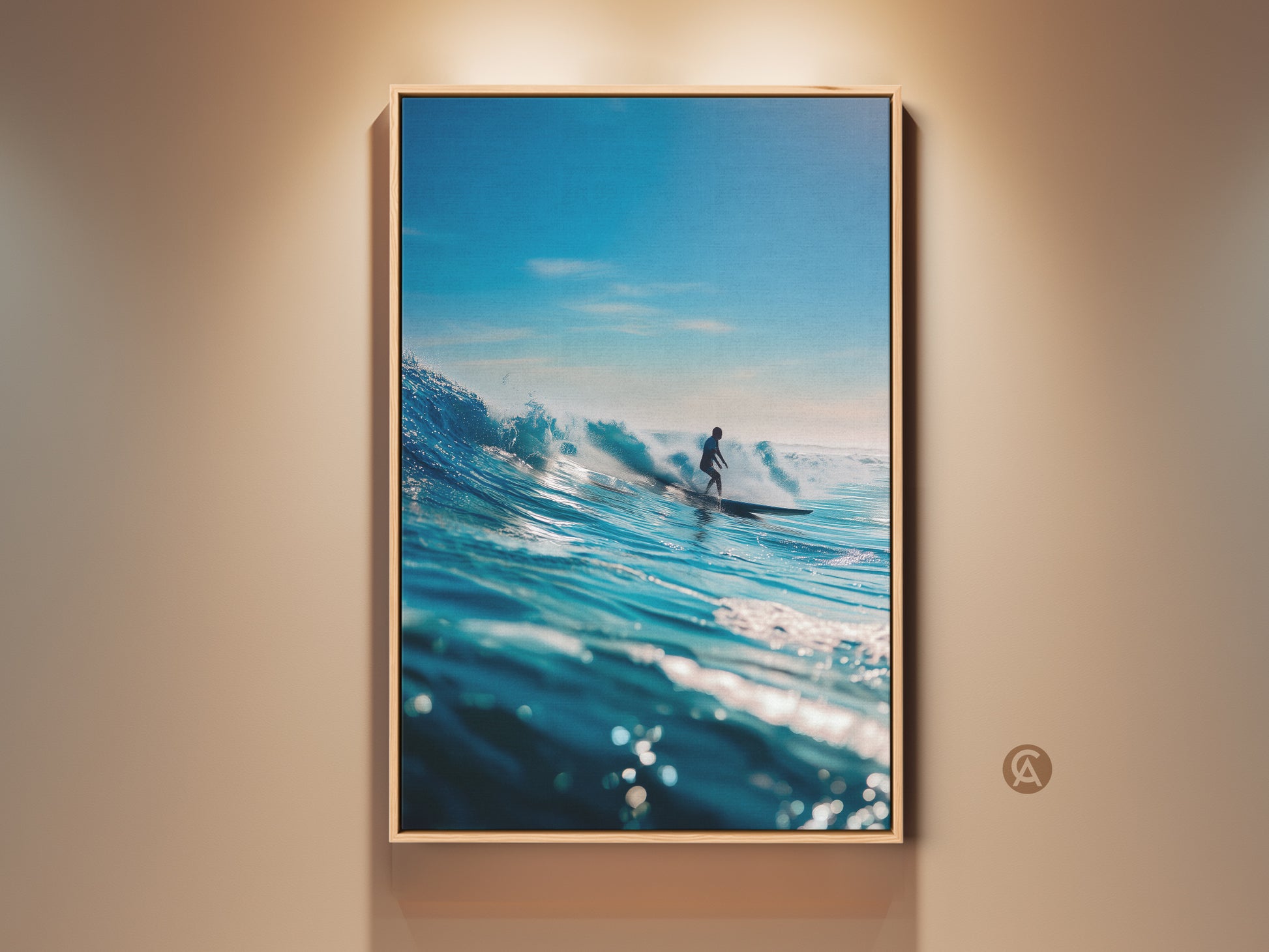 A framed canvas print showcases a surfer riding a majestic blue wave. The artwork captures the power and beauty of the ocean. Perfect wall art for surf enthusiasts. The oak floating frame enhances this ocean scene. Ready to hang and enjoy.
