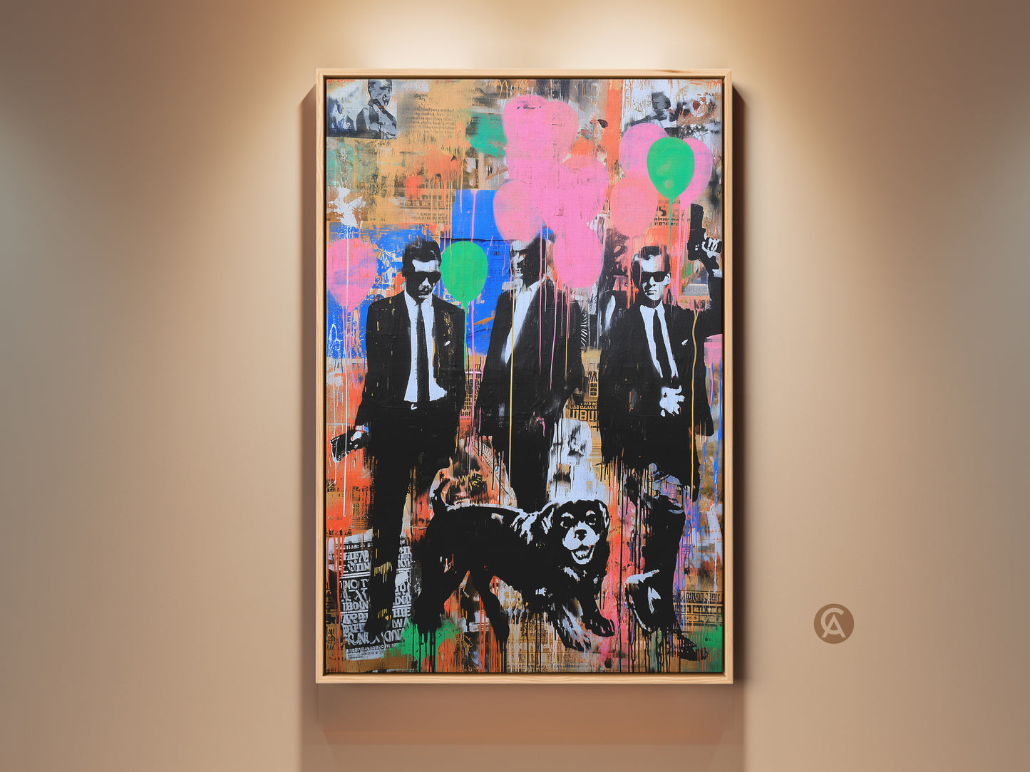 Framed Graffiti Men Suits Dog Canvas Print. A vibrant Urban Pop Art style adds an eclectic touch to any space. The black pink and orange color palette makes a bold statement. A unique piece of wall art for a man cave office or home seeking an urban aesthetic.