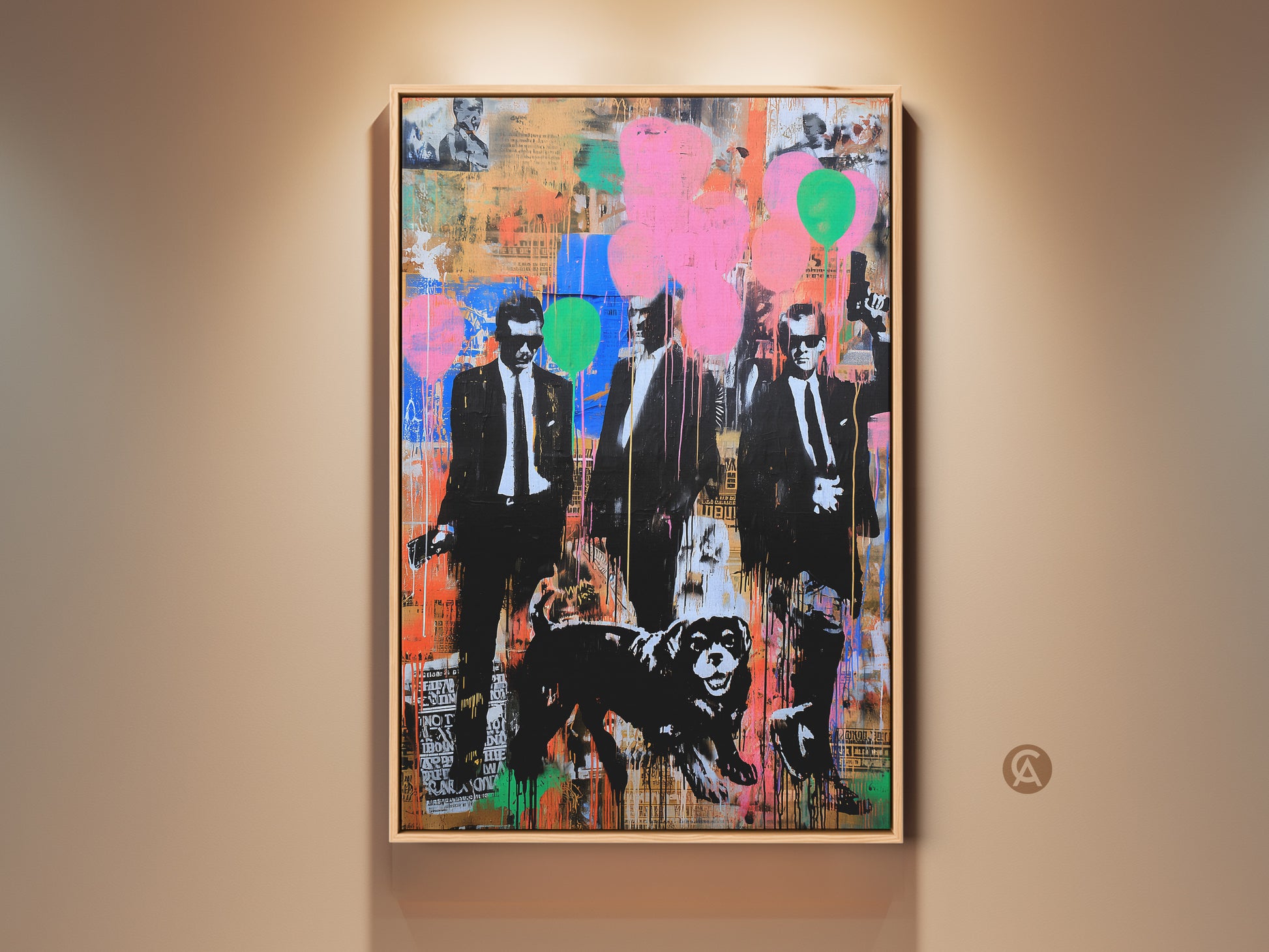 Framed Graffiti Men Suits Dog Canvas Print. A vibrant Urban Pop Art style adds an eclectic touch to any space. The black pink and orange color palette makes a bold statement. A unique piece of wall art for a man cave office or home seeking an urban aesthetic.