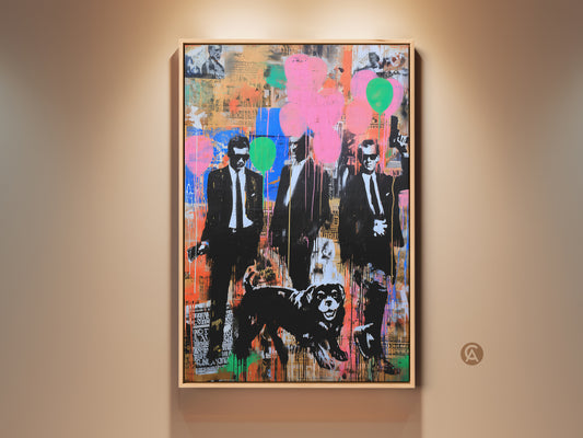 Framed Graffiti Men Suits Dog Canvas Print. A vibrant Urban Pop Art style adds an eclectic touch to any space. The black pink and orange color palette makes a bold statement. A unique piece of wall art for a man cave office or home seeking an urban aesthetic.