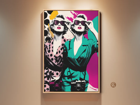 Retro pop art print showcasing two stylish women with vintage cameras. This teal pink magenta artwork adds an eclectic touch to any space. Perfect wall art for fashion lovers and vintage enthusiasts. The artwork is displayed in a living room setting.