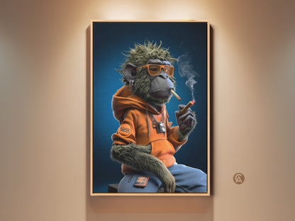 This is a framed graffiti monkey art print. The urban street art canvas features a monkey in an orange hoodie smoking. This eclectic home decor is a cool hip hop fan gift. The colors are green and blue.
