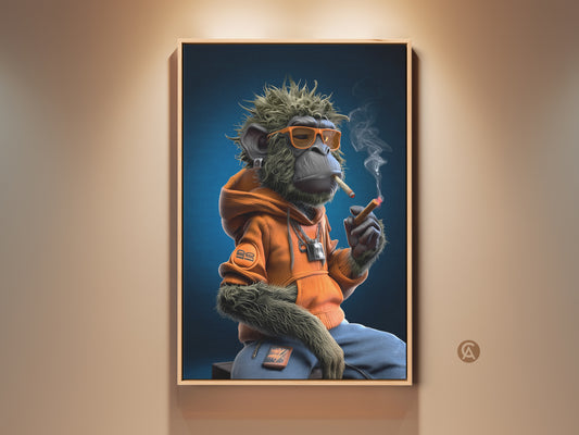 This is a framed graffiti monkey art print. The urban street art canvas features a monkey in an orange hoodie smoking. This eclectic home decor is a cool hip hop fan gift. The colors are green and blue.