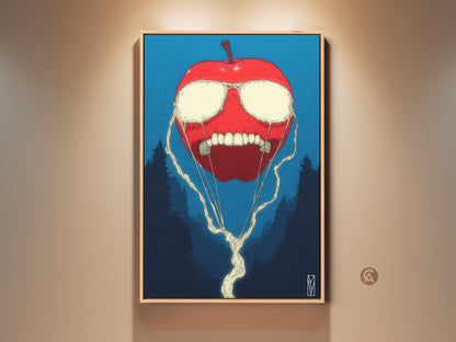 Framed apple artwork hangs on a beige wall. The art features a surreal red apple with white liquid eyes and a toothy grin. Dark trees are in the background. The frame is a light natural wood tone.