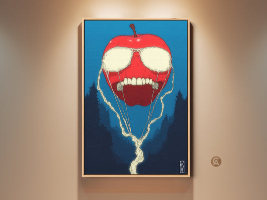 Framed apple artwork hangs on a beige wall. The art features a surreal red apple with white liquid eyes and a toothy grin. Dark trees are in the background. The frame is a light natural wood tone.