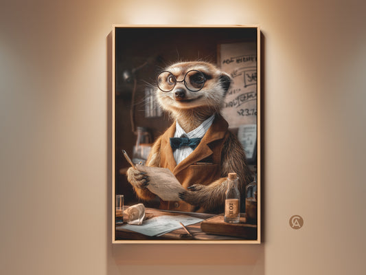 Professor Meerkat Art Print displayed in a room setting. This vintage desk scene wall art features an anthropomorphic animal in an office setting. The tan brown eclectic artwork is a unique gift for animal lovers. The meerkat wears glasses and a suit adding charm to any wall.