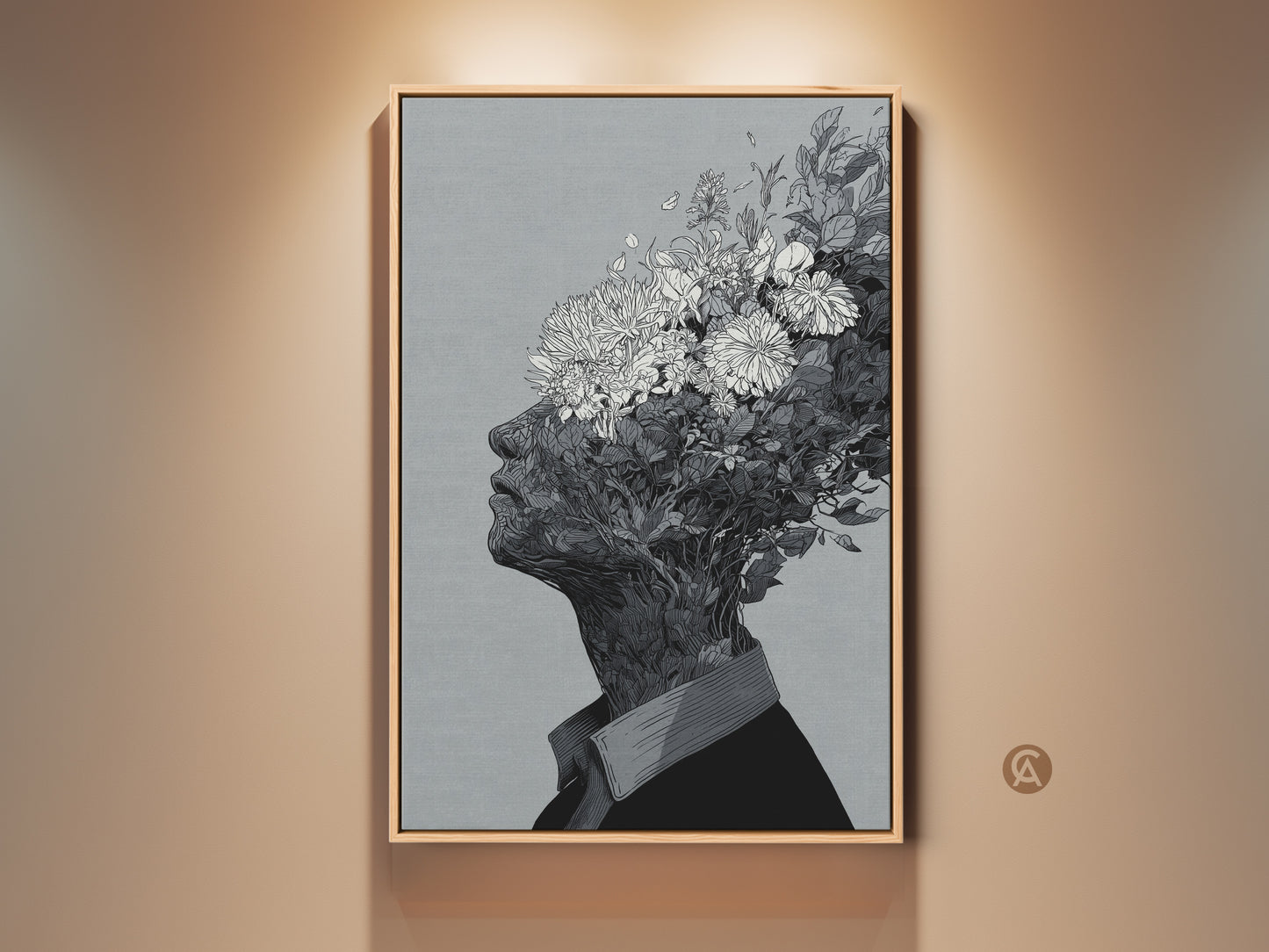Framed floral head artwork. This wall art features a black and white drawing. It depicts a person's head with flowers growing out of it. The artwork is displayed in a wooden frame. It would look great in any room.
