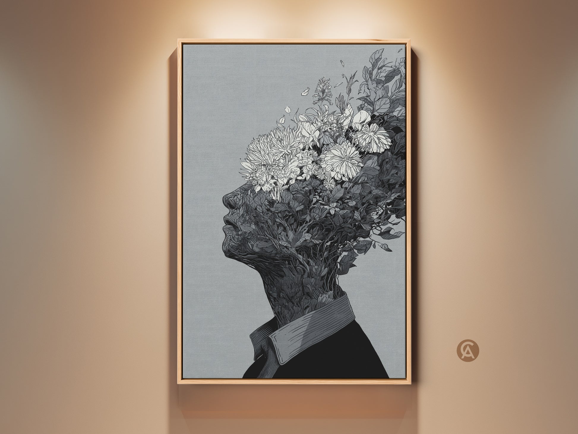 Framed floral head artwork. This wall art features a black and white drawing. It depicts a person's head with flowers growing out of it. The artwork is displayed in a wooden frame. It would look great in any room.