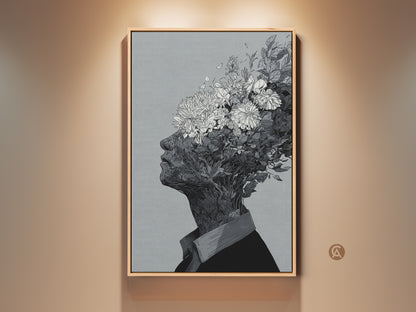 Framed floral head artwork. This wall art features a black and white drawing. It depicts a person's head with flowers growing out of it. The artwork is displayed in a wooden frame. It would look great in any room.