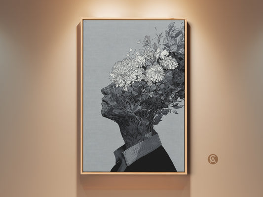 Framed floral head artwork. This wall art features a black and white drawing. It depicts a person's head with flowers growing out of it. The artwork is displayed in a wooden frame. It would look great in any room.