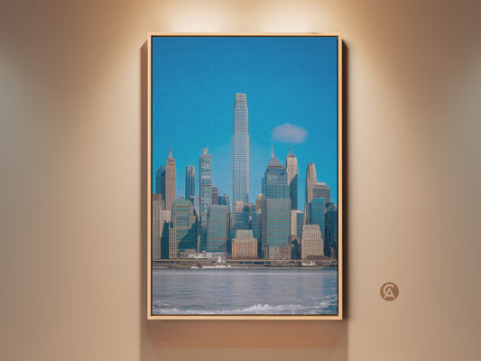 Modern New York City skyline art in a floating frame. This photorealistic canvas art features a deep blue and gray cityscape. Perfect contemporary office decor for NYC lovers. The architectural skyline art print brings urban sophistication to any space.