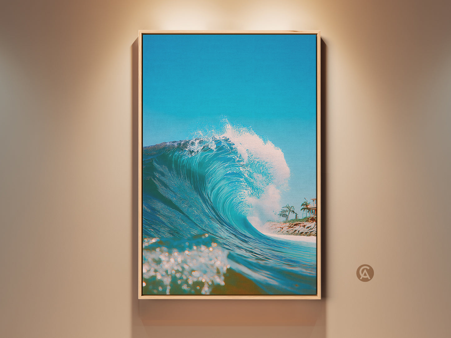 Framed wave artwork. This ocean wave art brings the beach to your home. The clear blue water and sandy shore are a beautiful addition to your wall decor. Shop now for ocean art.