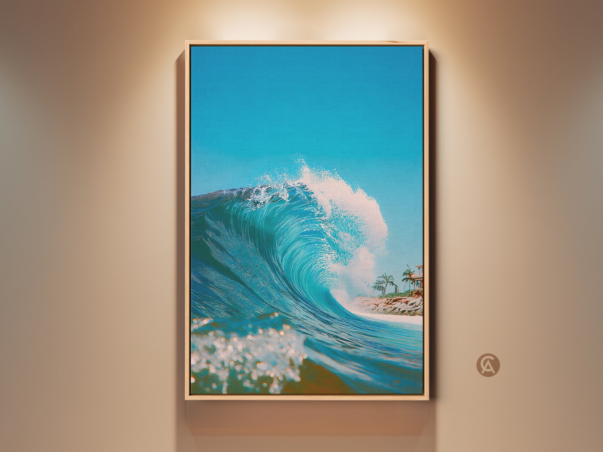 Framed wave artwork. This ocean wave art brings the beach to your home. The clear blue water and sandy shore are a beautiful addition to your wall decor. Shop now for ocean art.