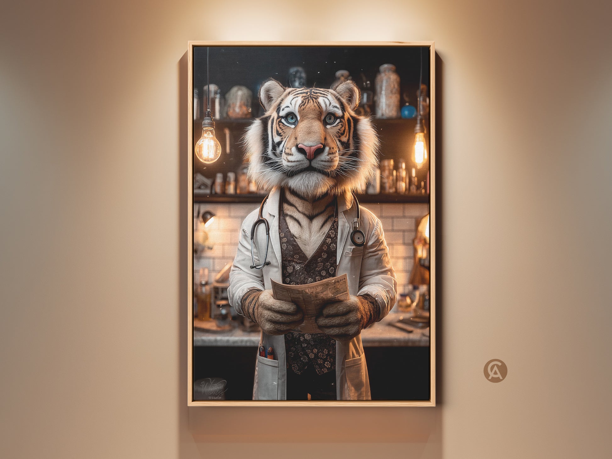 Framed artwork featuring a tiger dressed as a doctor. The tiger is wearing a white coat and stethoscope. He is holding a medical document. The art piece adds a unique touch to any room decor.