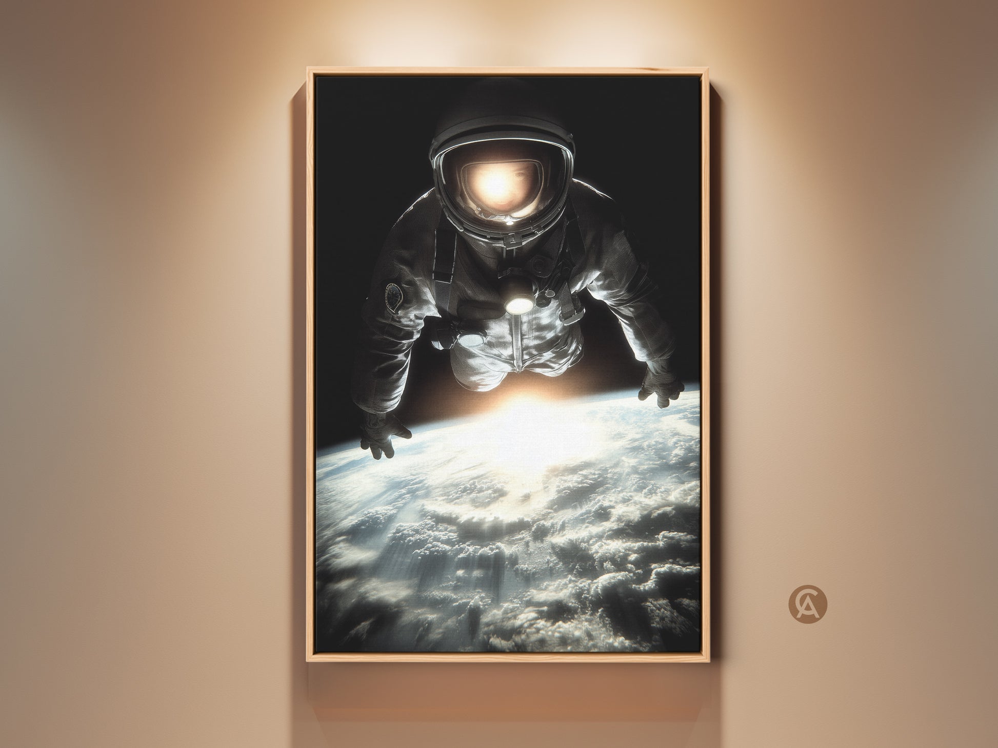 Photorealistic astronaut art print on a wall. This space exploration canvas wall art features a cinematic Earth view. The black blue and white tones create a modern aesthetic. Perfect gift for sci-fi and astronomy fans. Elevate your home or office decor with this cosmic artwork.