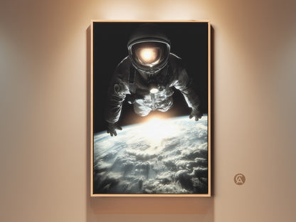 Photorealistic astronaut art print on a wall. This space exploration canvas wall art features a cinematic Earth view. The black blue and white tones create a modern aesthetic. Perfect gift for sci-fi and astronomy fans. Elevate your home or office decor with this cosmic artwork.