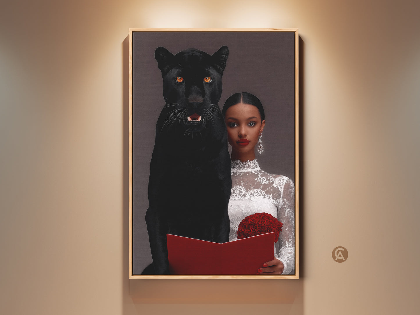 Framed surrealist art print features a woman with a black panther. This eclectic bedroom wall decor has dark aesthetic canvas. A unique gift for symbolism lovers. The artwork displays dramatic animal art with a red rose bouquet. A luxury wall hanging for gothic home decor.