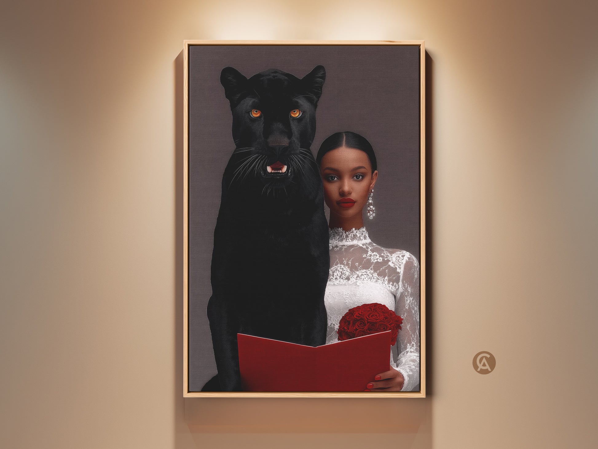 Framed surrealist art print features a woman with a black panther. This eclectic bedroom wall decor has dark aesthetic canvas. A unique gift for symbolism lovers. The artwork displays dramatic animal art with a red rose bouquet. A luxury wall hanging for gothic home decor.