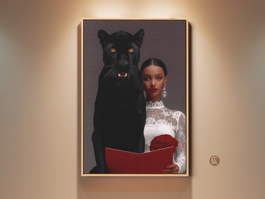 Framed surrealist art print features a woman with a black panther. This eclectic bedroom wall decor has dark aesthetic canvas. A unique gift for symbolism lovers. The artwork displays dramatic animal art with a red rose bouquet. A luxury wall hanging for gothic home decor.