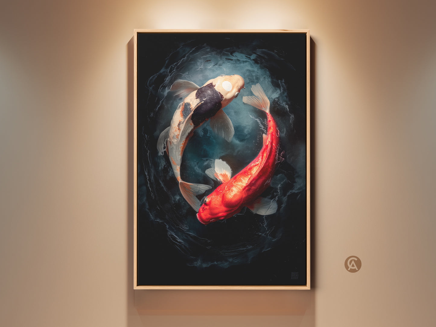 Framed Koi Fish art print. This artwork features two koi fish in a yin and yang position. The print is framed and ready to hang. Perfect for adding a touch of zen to any room.