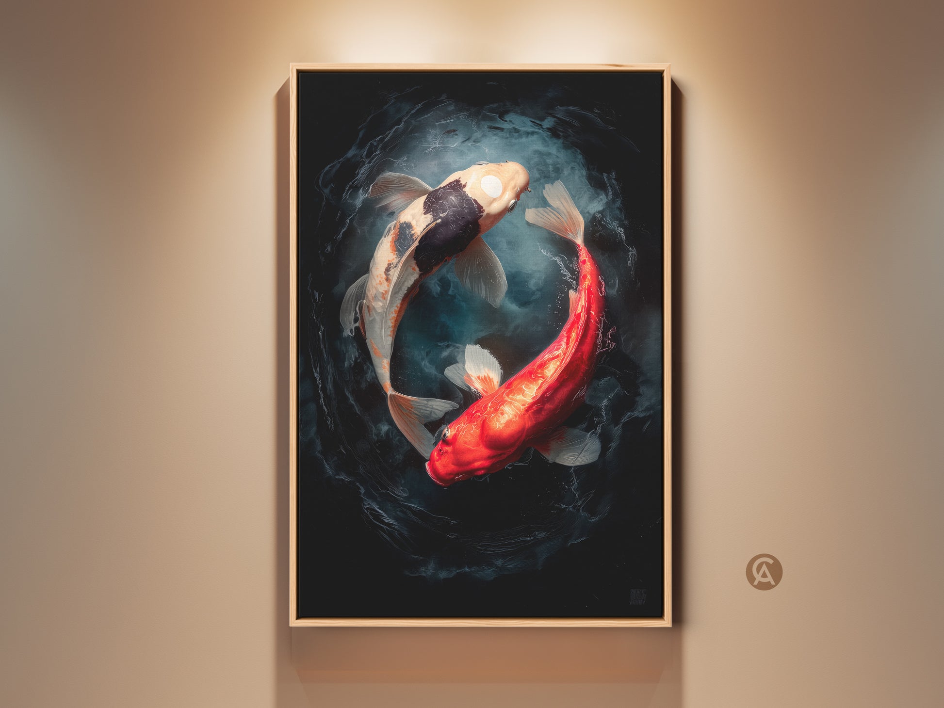 Framed Koi Fish art print. This artwork features two koi fish in a yin and yang position. The print is framed and ready to hang. Perfect for adding a touch of zen to any room.