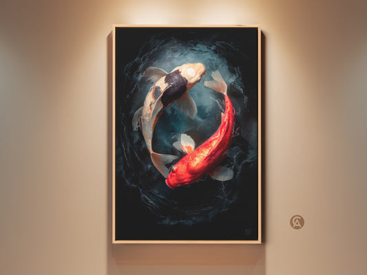 Framed Koi Fish art print. This artwork features two koi fish in a yin and yang position. The print is framed and ready to hang. Perfect for adding a touch of zen to any room.
