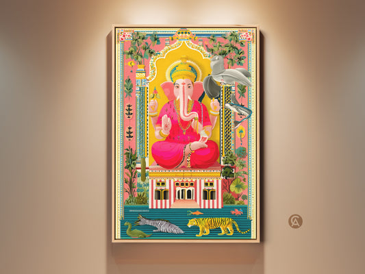 Spiritual Ganesha canvas print features folk art mythology. The yellow gold and pink hues enhance this vibrant wall decor. A tiger and bird accent this eclectic home art. Perfect as a housewarming gift. This surrealism-inspired Ganesha artwork adds a divine touch to any space.