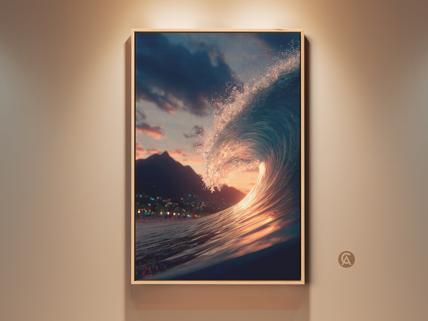 Framed ocean wave art print. A large wave curls against a sunset sky. City lights glow along the shore. This framed artwork adds coastal beauty to any room. Buy now and enjoy the view.