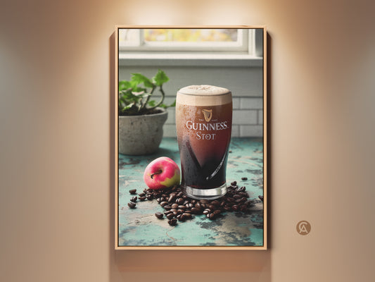 Vintage Industrial Wall art featuring Guinness stout coffee beans and an apple. Perfect bar decor kitchen art or rustic home decor. The dark brown and cream artwork is ideal for coffee lovers adding charm to any space