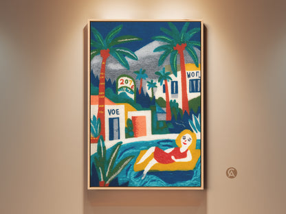 Vibrant wall art featuring a woman relaxing on a yellow float in a pool. Palm trees and buildings create a resort-style backdrop. This framed artwork adds a touch of summer to any space. Perfect for bringing a vacation vibe into your home decor. The bright colors and unique composition make it a standout piece.
