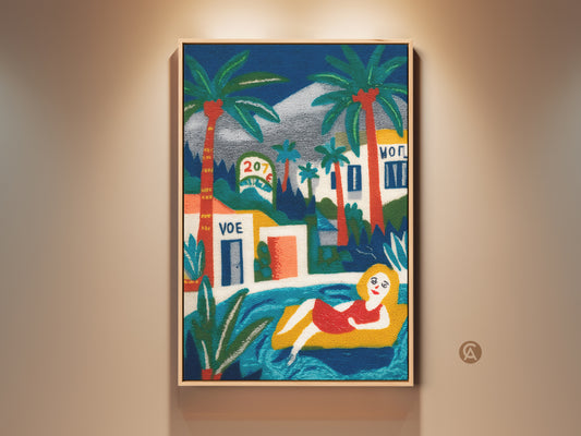 Vibrant wall art featuring a woman relaxing on a yellow float in a pool. Palm trees and buildings create a resort-style backdrop. This framed artwork adds a touch of summer to any space. Perfect for bringing a vacation vibe into your home decor. The bright colors and unique composition make it a standout piece.