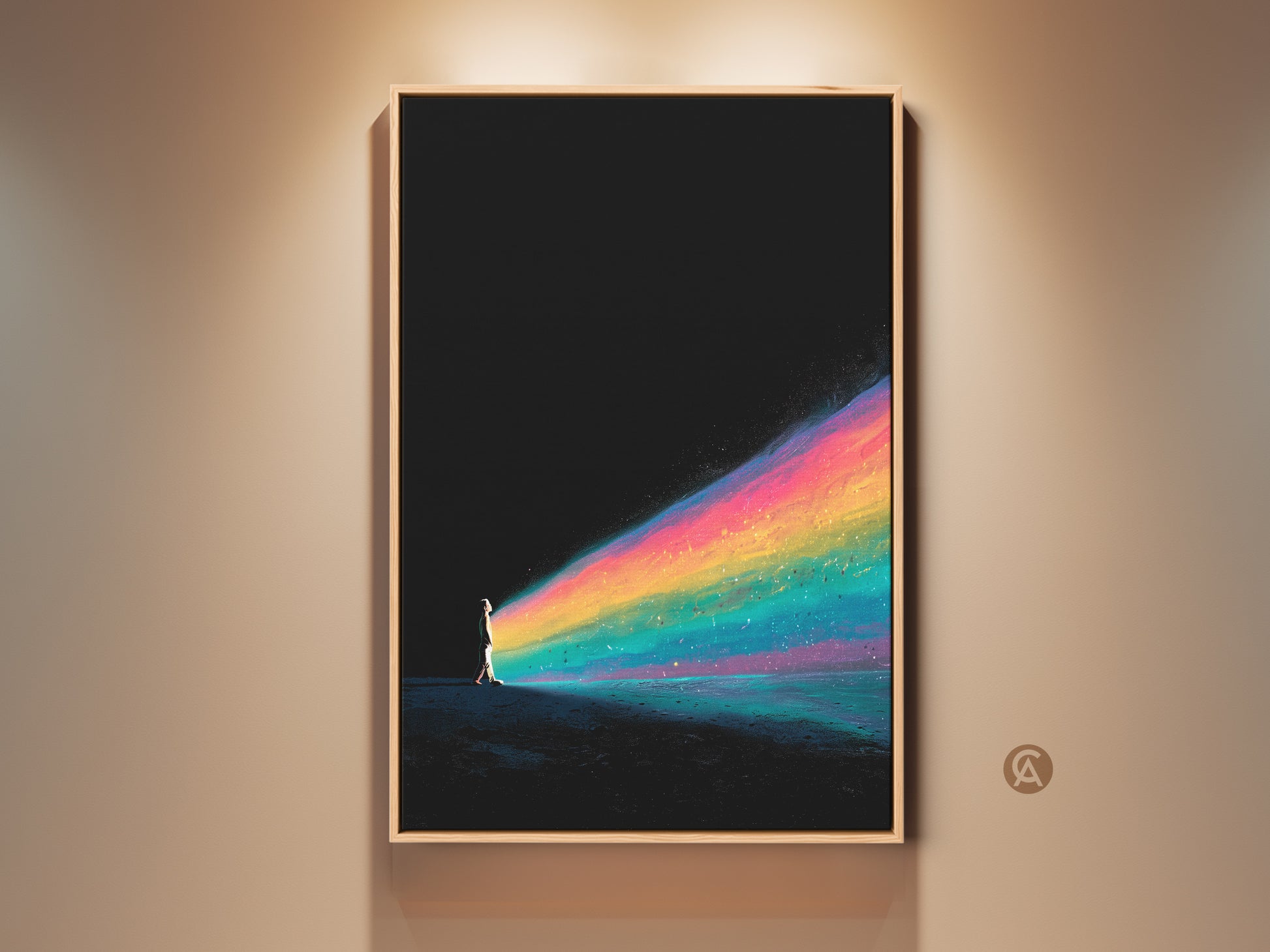Experience surreal fantasy art with this abstract canvas print. A person walks towards a vibrant rainbow trail. This striking black and teal palette is accented by rainbow hues. This contemporary home art adds a unique touch to any space. Perfect inspirational wall decor or a dreamlike gift.