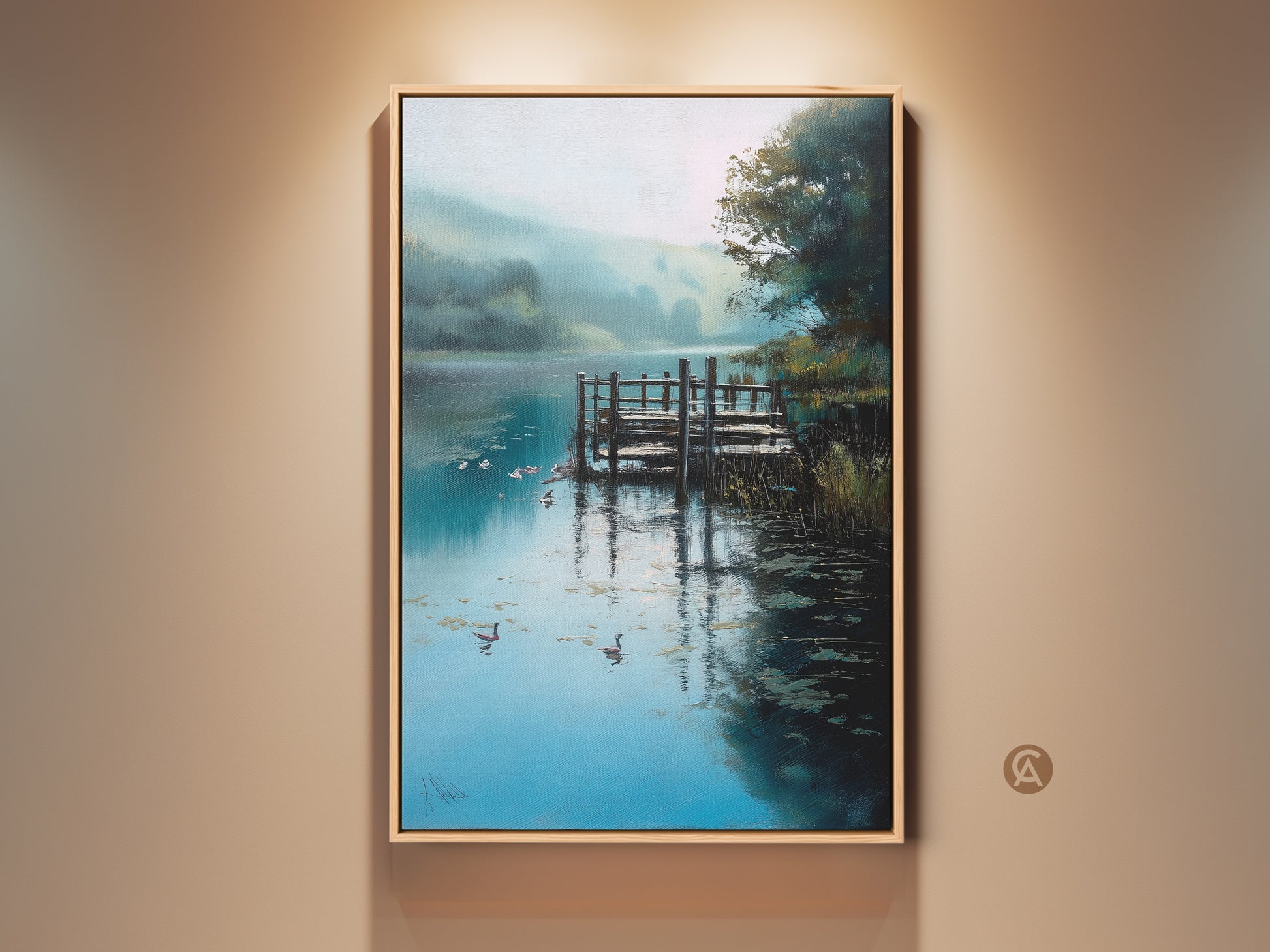 A framed canvas print displays a serene lake landscape painting. The artwork features a rustic wooden dock geese swimming in teal blue water. This nature-themed art brings a peaceful outdoor scene to any room. The frame enhances the tranquil artwork making it an ideal housewarming gift.