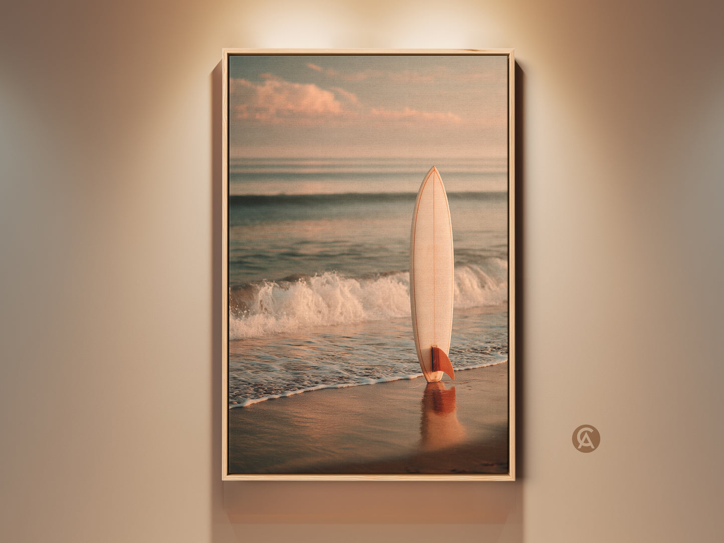 Framed surfboard art on a sandy beach. The artwork captures a serene ocean scene. Gentle waves are rolling in. The surfboard stands upright creating a focal point in the composition. A perfect piece of coastal art for any home.