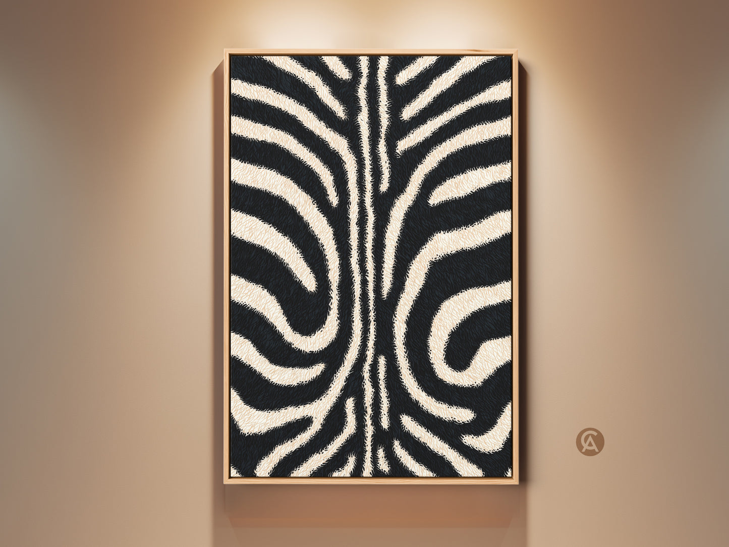 Framed modern zebra artwork hangs on a beige wall. This minimalist animal canvas art features beige and black stripes. It adds a chic touch to any living room or bedroom decor. A perfect gift for animal art lovers.
