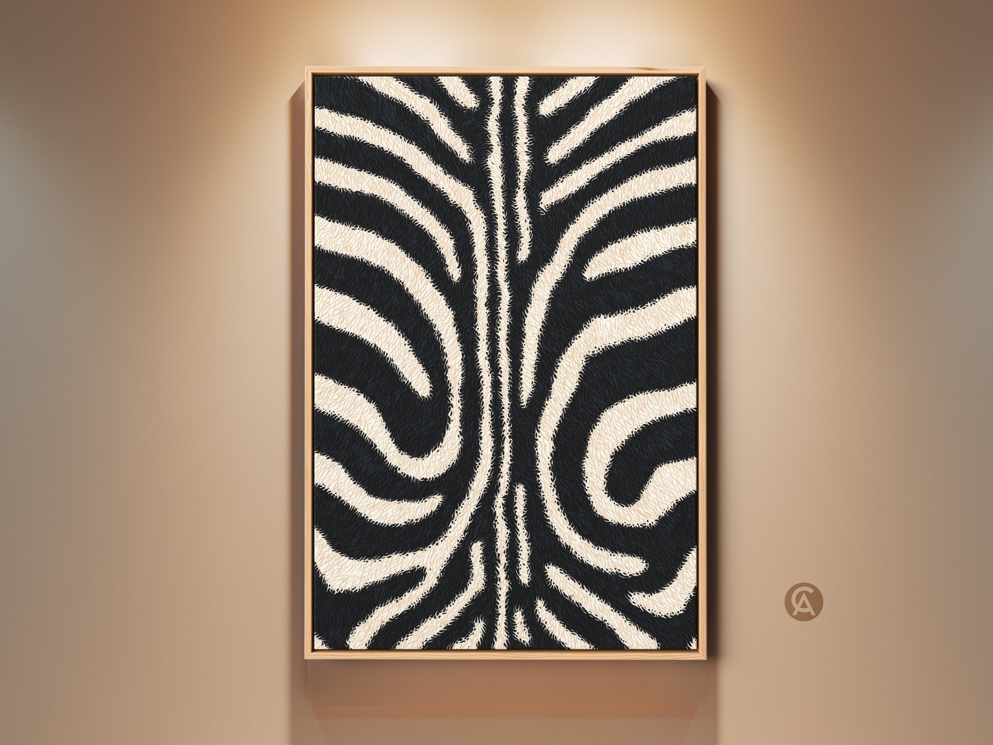 Framed modern zebra artwork hangs on a beige wall. This minimalist animal canvas art features beige and black stripes. It adds a chic touch to any living room or bedroom decor. A perfect gift for animal art lovers.
