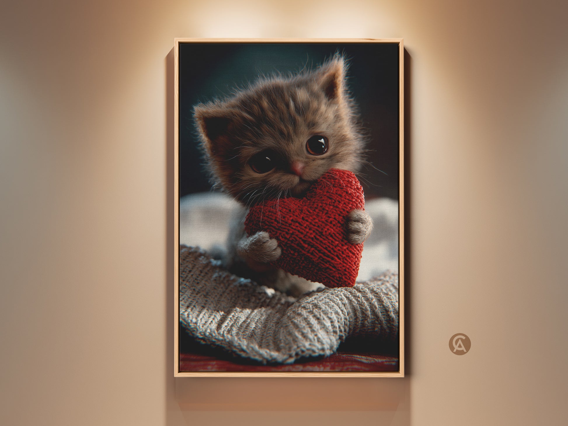 Charming kitten holds a red heart in a cozy room setting. This delightful art print is a perfect gift for cat moms and dads. It adds a touch of warmth to any room. The sweet feline artwork creates a cozy bedroom accent. A heartwarming valentine's gift art for cat lovers.