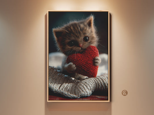 Charming kitten holds a red heart in a cozy room setting. This delightful art print is a perfect gift for cat moms and dads. It adds a touch of warmth to any room. The sweet feline artwork creates a cozy bedroom accent. A heartwarming valentine's gift art for cat lovers.