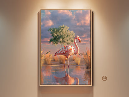 Boho Flamingo Canvas Art Print. This pink teal and orange savanna landscape features a photorealistic flamingo. This bird lover gift idea will enhance your bedroom wall art. It's a unique piece of wildlife art and nature-inspired home decor.