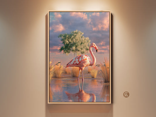 Boho Flamingo Canvas Art Print. This pink teal and orange savanna landscape features a photorealistic flamingo. This bird lover gift idea will enhance your bedroom wall art. It's a unique piece of wildlife art and nature-inspired home decor.