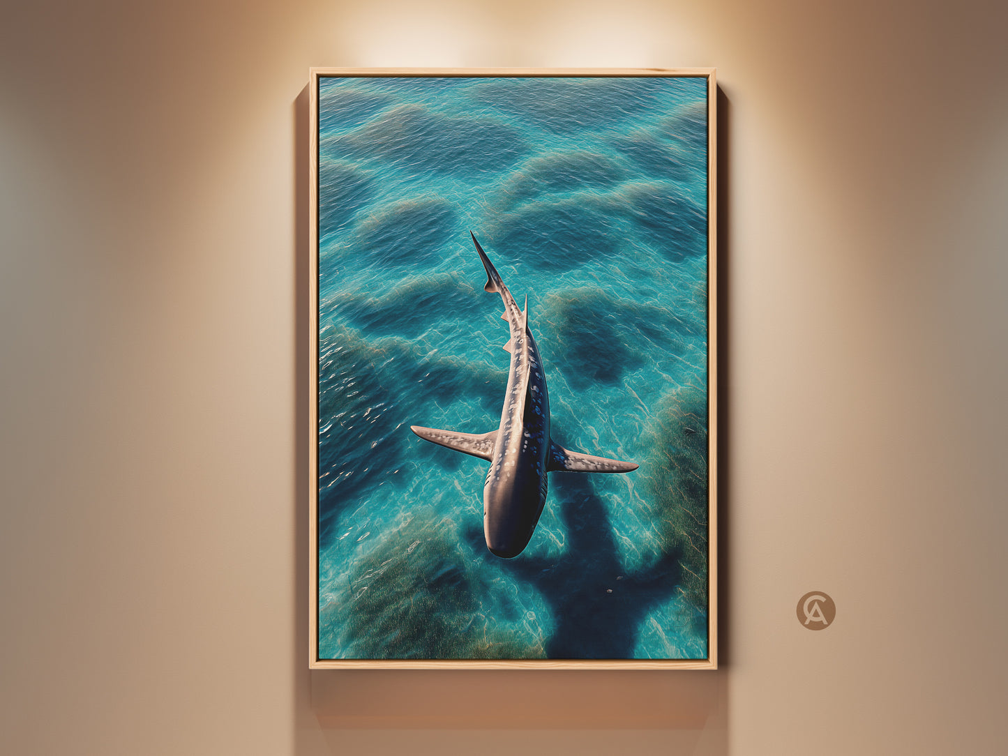 A photorealistic shark swims in turquoise ocean waves. This ocean waves canvas wall decor features a contemporary deep blue coastal style. A striking piece of animal nature artwork. Perfect as a housewarming gift for ocean lovers. Add oceanic wall art to your residential living room or beach house.